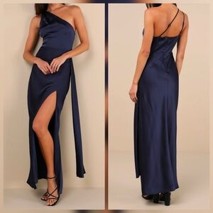 Lulus Signature Elegance Navy Dark Blue Satin One-Shoulder Maxi Dress, Size XL